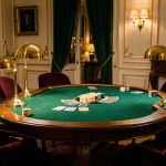 Élégante salle parisienne aménagée pour une soirée de poker, avec table en velours vert, cartes, jetons ivoire et éclairage chaleureux.