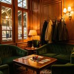 Salon parisien élégant en soirée, proche d'une gare, avec une ambiance chaleureuse évoquant une partie de cartes et un départ imminent.