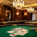 Intérieur élégant inspiré d’un casino parisien, avec tables éclairées, cartes et jetons au premier plan, velours vert, bois ciré et lustres chaleureux.